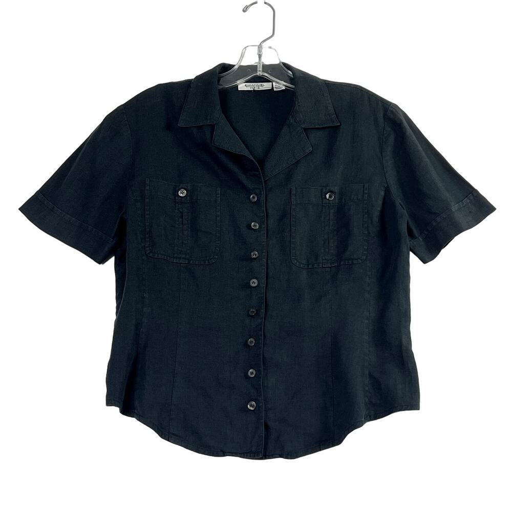 Emanuel Ungaro Short Sleeve Linen Button Up Shirt Black Womens 6 PETITE